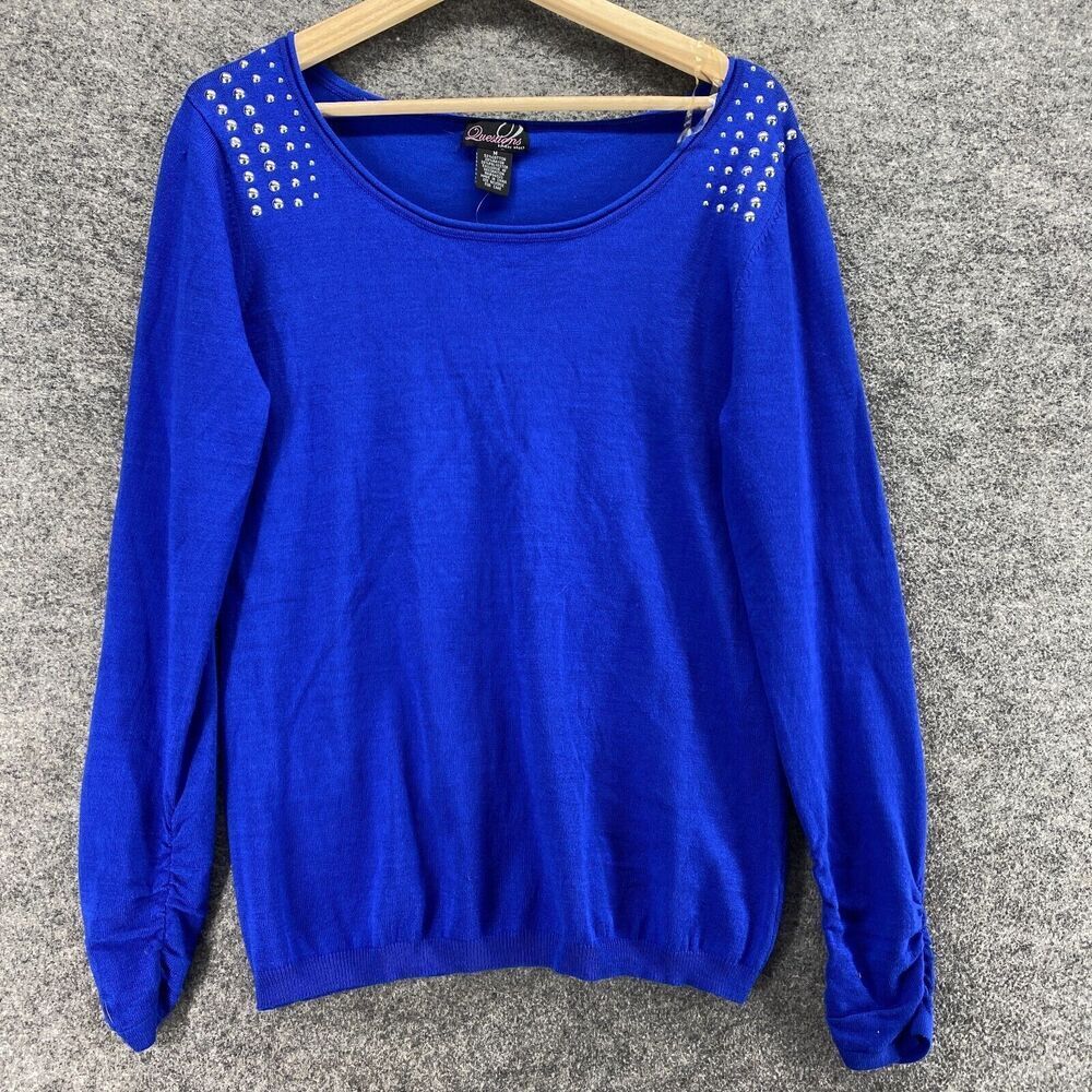 New Questions Sweater Pullover Women M Medium Blue Knit Cotton Rhinestone Casual